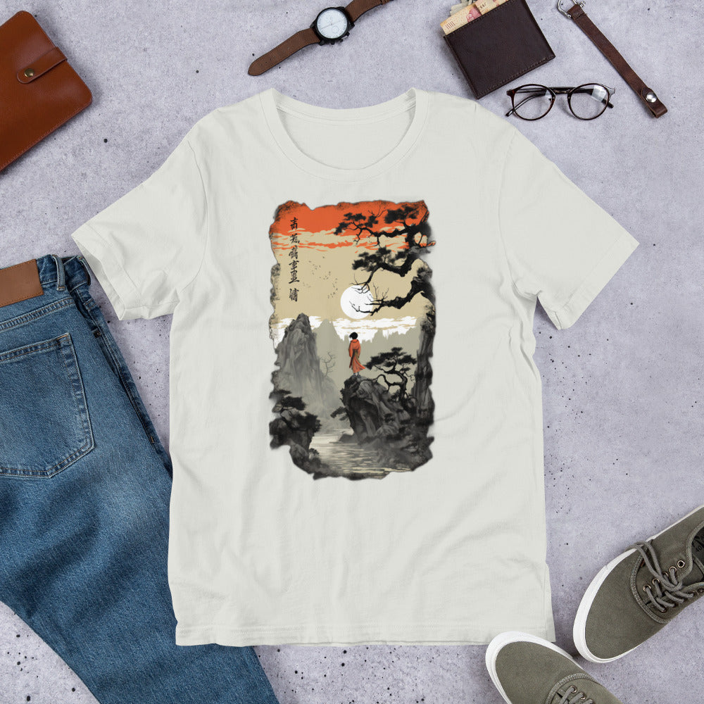 Moonlit Solitude: Ukiyo-e Cliffside Sunset T-Shirt